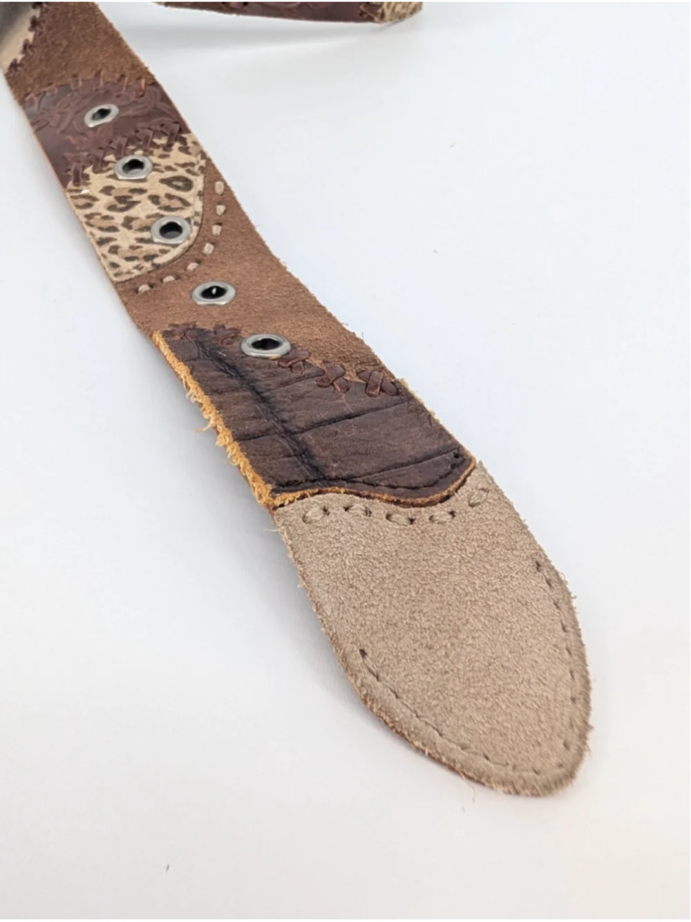 Fossil Leather Patchwork Belt M Brown Tooled Leopard Whipstitch Boho Western